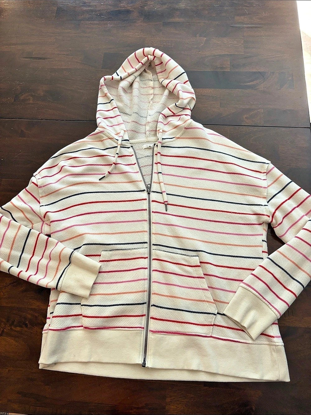 Maurices Striped Hooded Sweater Cream & Red XL